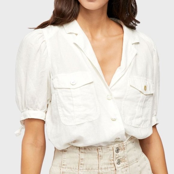 Free People Tops - Free People Safari Washed Button Down Linen Blend Puff Sleeve Blouse Size XS